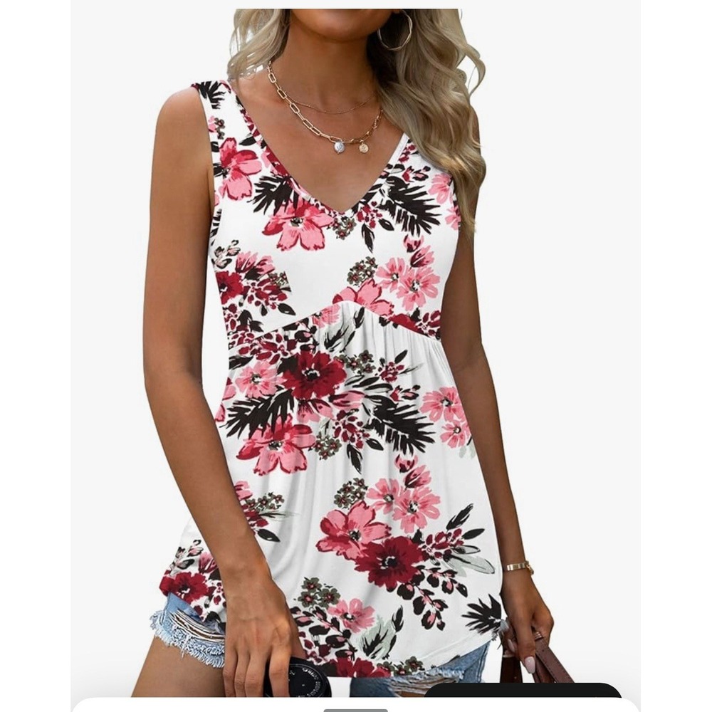 Women Tank Tops Summer Sleeveless Blouses V Neck Casual Loose Fit Flowy Floral